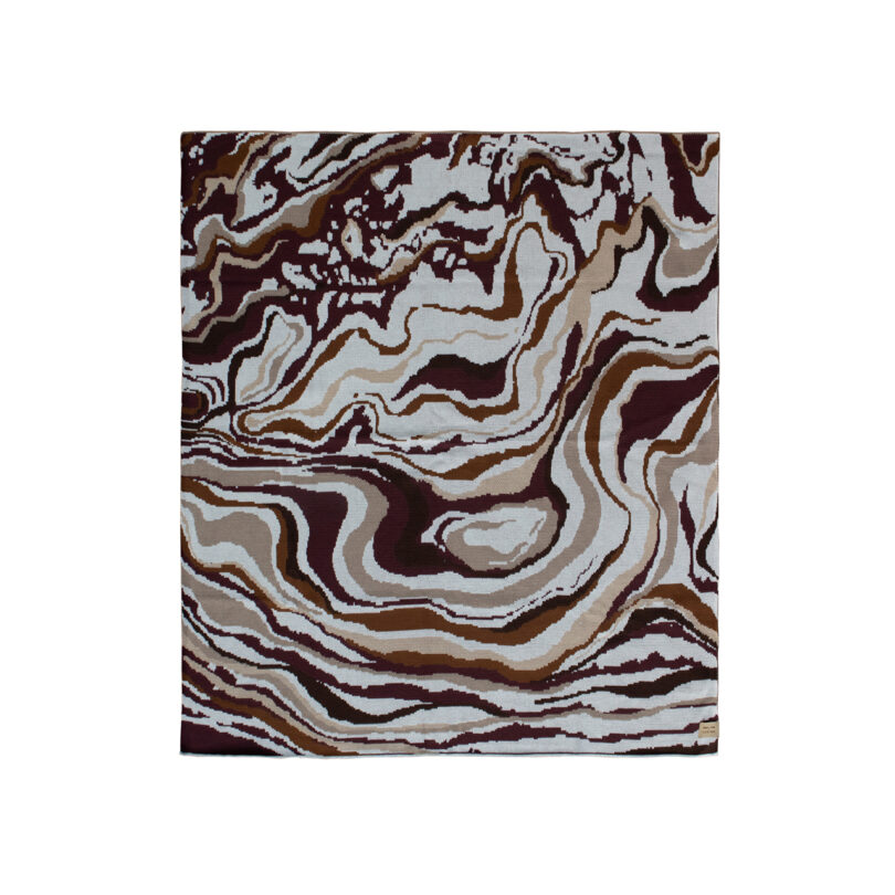 A rectangular blanket with an abstract marbled pattern in shades of brown, beige, and black.