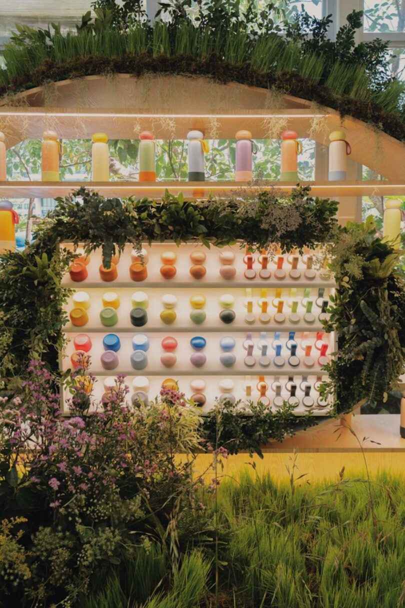 Colorful water bottles on wooden shelves in a bright, green, Scandinavian-style interior.