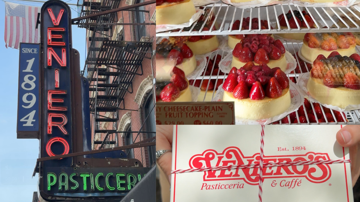 A close-up view of traditional Italian pastries displayed inside Veniero's bakery.