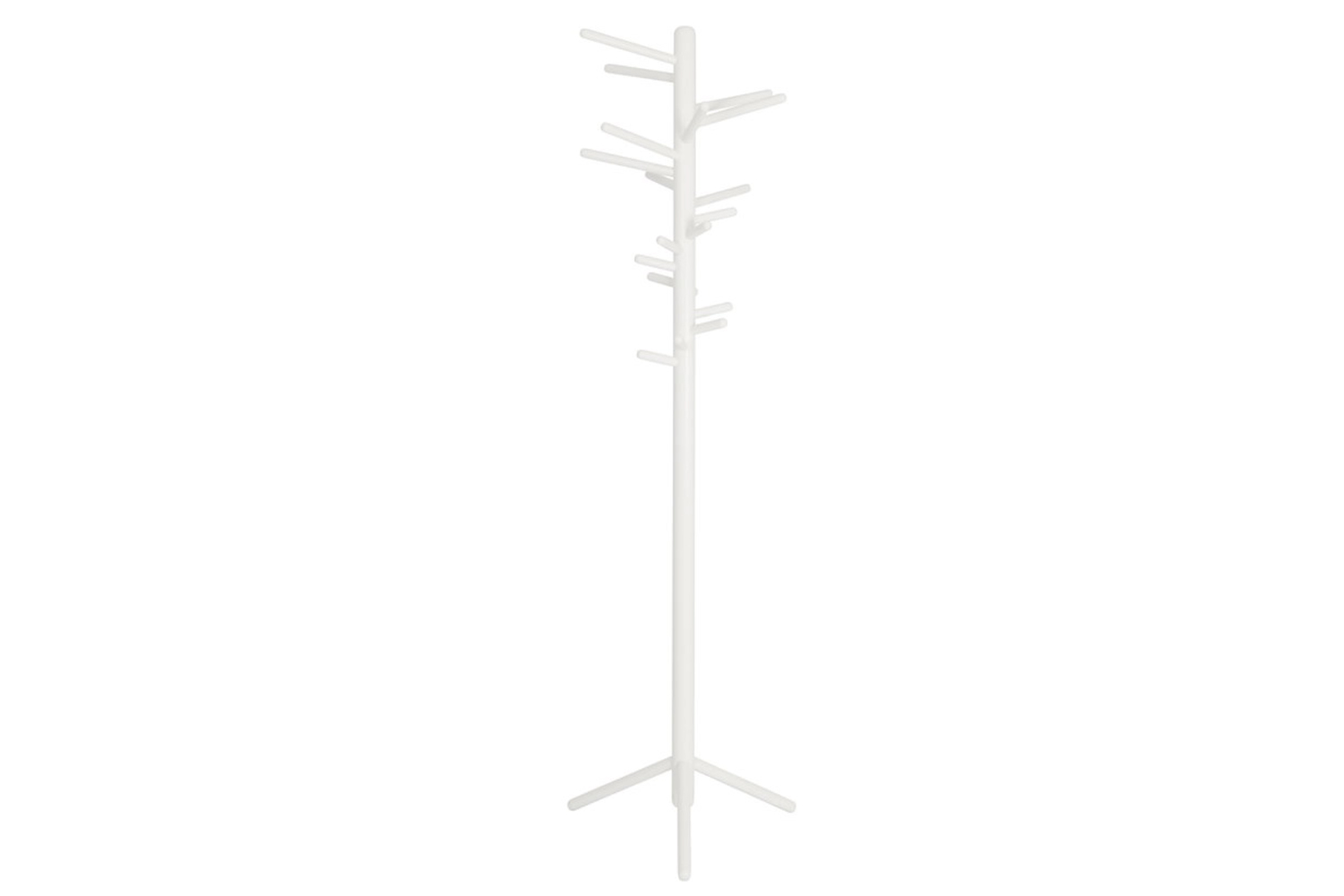 Scandinavian style white clothes tree with minimalist branch hooks.