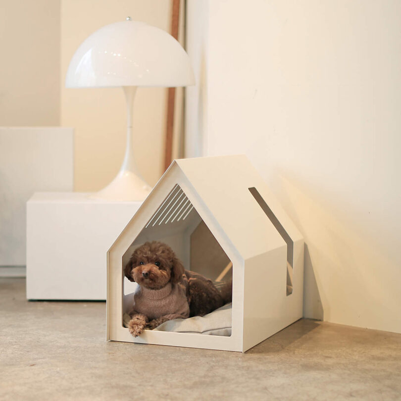 A minimalist light wood dog house with a gabled roof silhouette in a bright room.