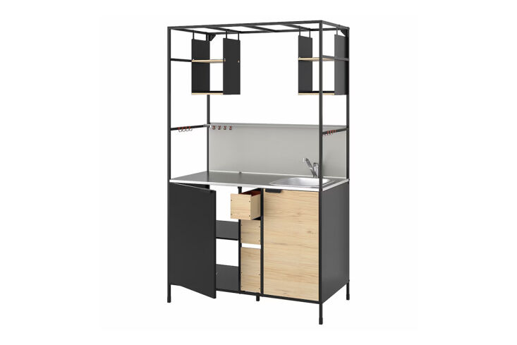 Ikea Äspinge kitchenette with a black metal frame, wooden shelves, and integrated sink.