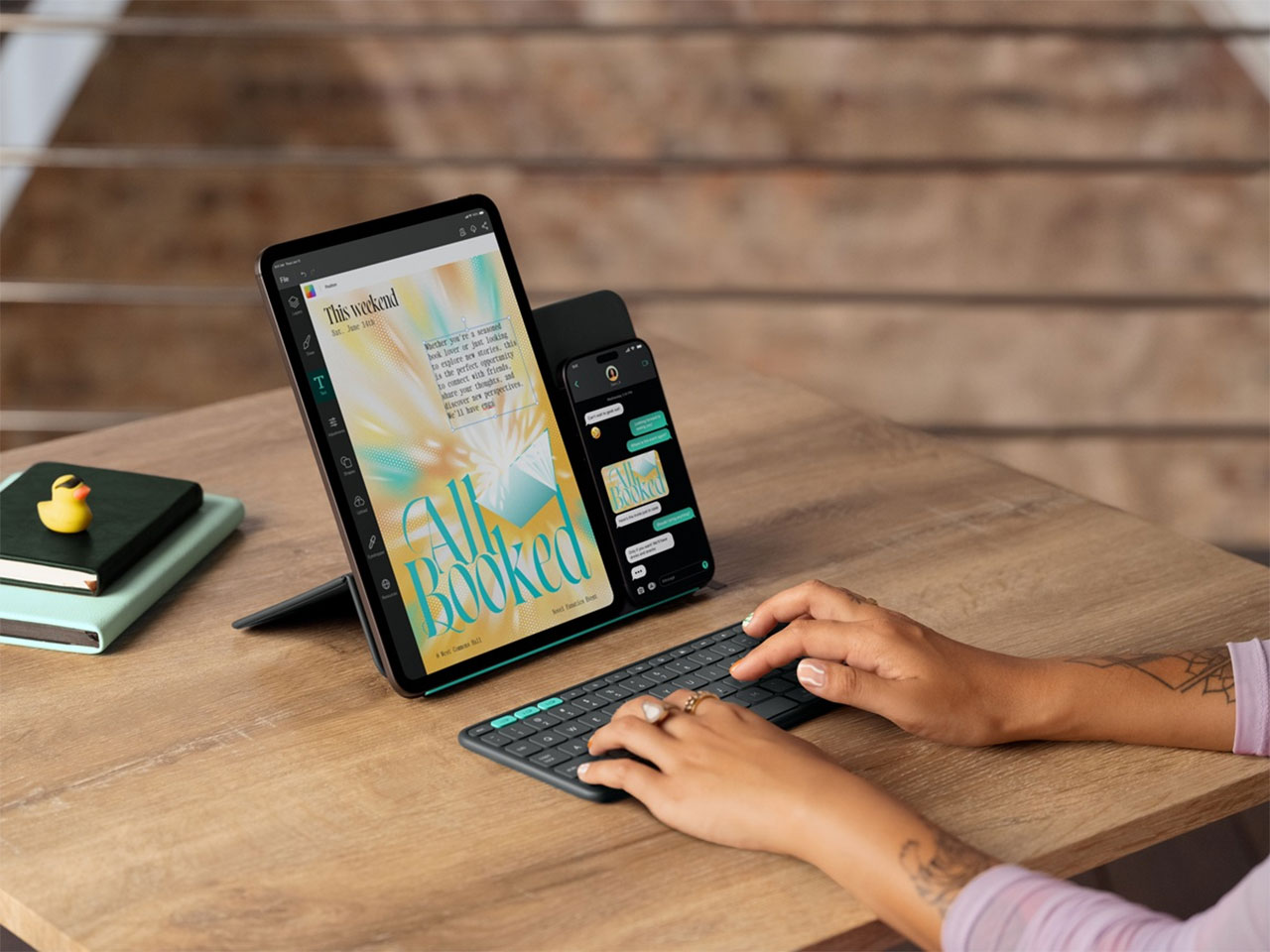 Top-down view of the Logitech Flip Folio paired with an iPad and Apple Pencil on a minimalist desk.