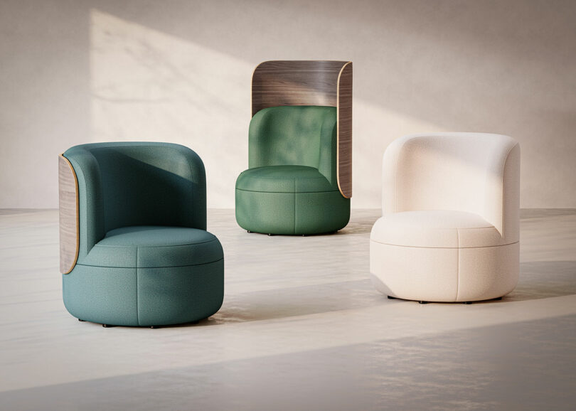 Green and beige Dotti lounge chairs with wood panels in a sunlit, minimalist interior.