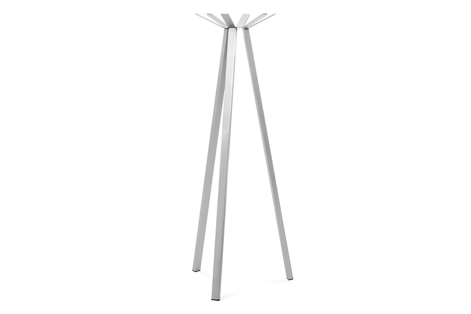 Modern stainless steel coat rack with an angular tripod design.