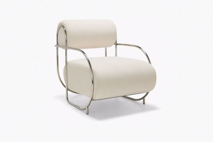 The Ellison Studios Chromeo Chair in Sorrento Corduroy with a cantilevered chrome base.