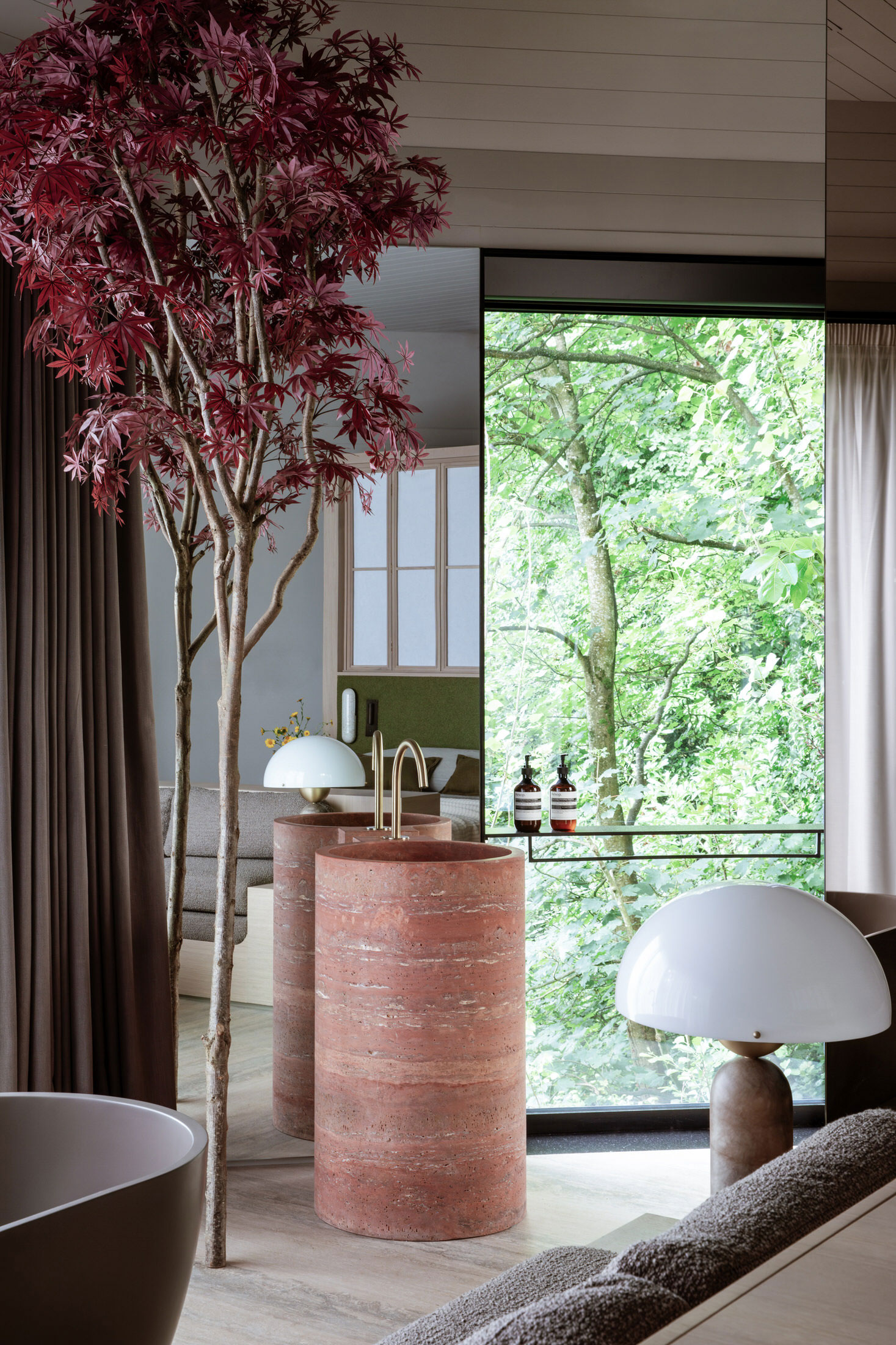 A detailed shot of the suite's interior lighting and wood-paneled walls.