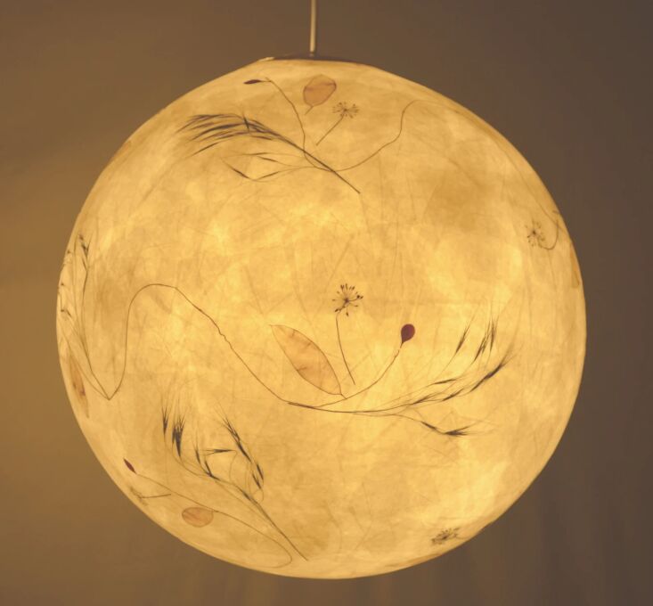 A warmly lit spherical tissue paper pendant lamp with botanical illustrations.