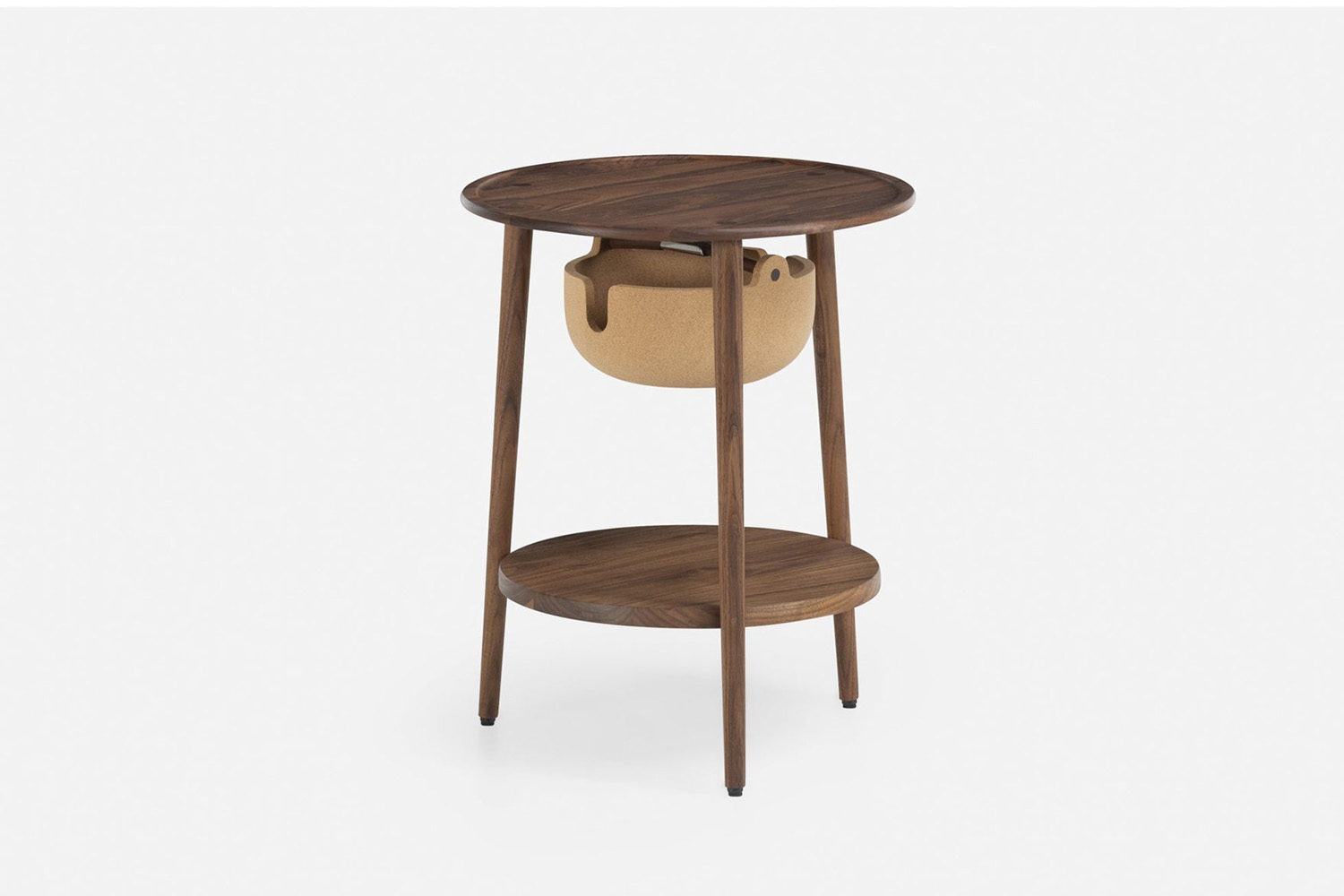 Mid-century modern wooden nightstand featuring a unique integrated cork basket for hidden storage.