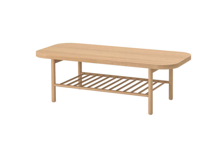 IKEA Listerby coffee table featuring an oak veneer top and rounded legs.