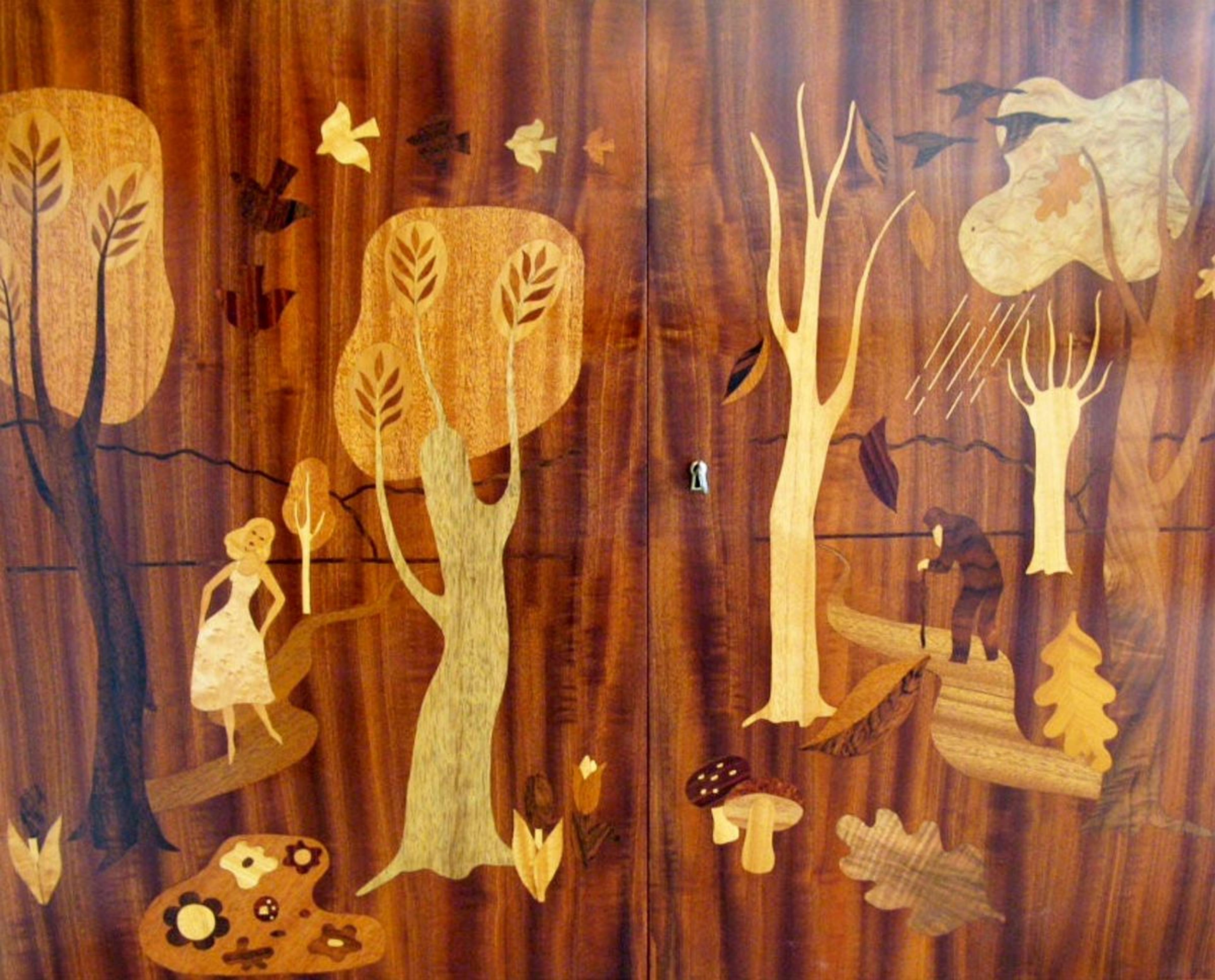 Macro view of a sophisticated wood inlay design on a piece of furniture.