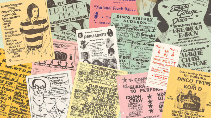 A collage of vintage disco and club event flyers with bold typography and pastel colors.