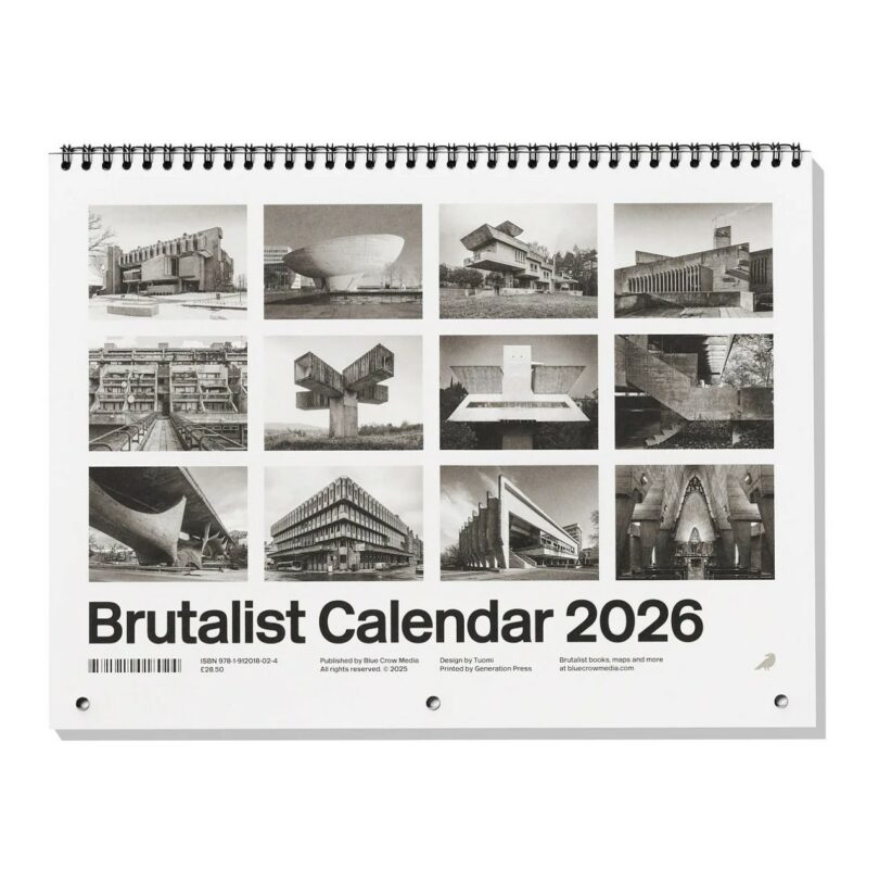 A spiral-bound 2026 Brutalist Calendar featuring black-and-white architectural photography.