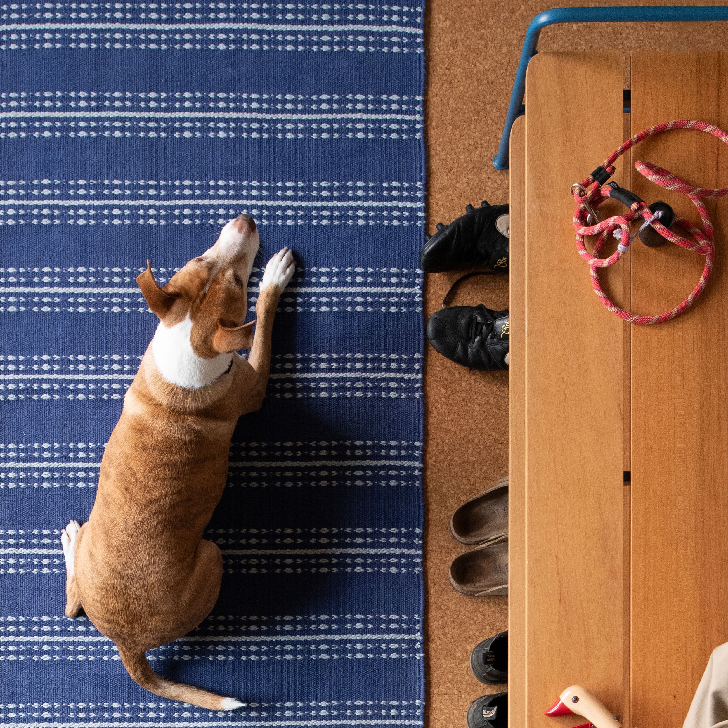 A cozy room featuring a cotton rug as a central decor element.