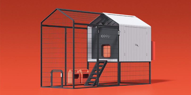 3D render of The COOP with its protective mesh enclosure and a chicken for scale.