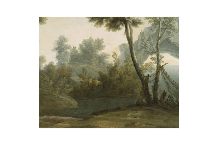 A detailed view of a landscape wallpaper mural in a bedroom alcove.
