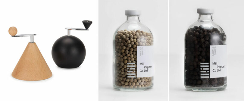 Minimalist modern spice grinders and jars of artisanal peppercorns.