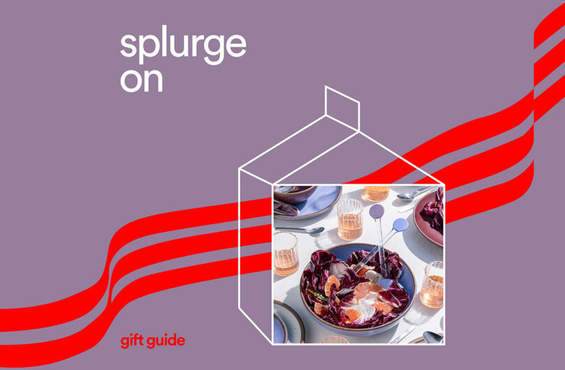 Graphic with 'splurge on' text featuring a sophisticated table setting and gift box.