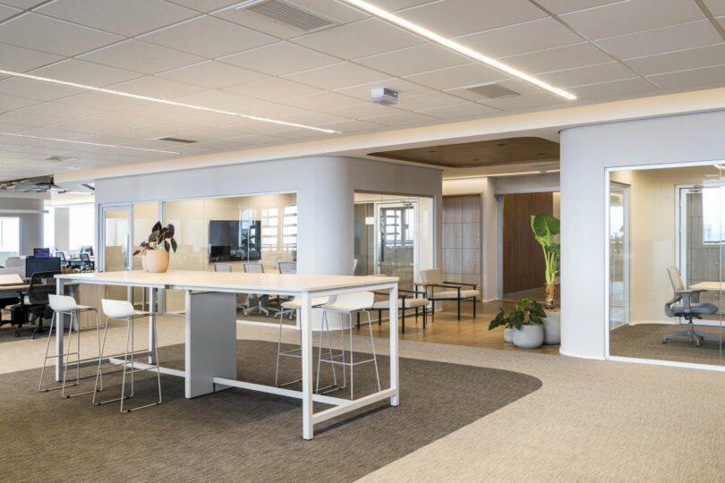 A modern office area with glass-walled meeting rooms, high tables for collaboration, and large potted plants.