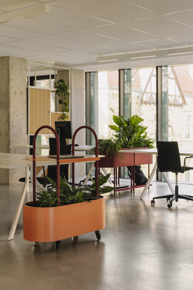 Modern office space with large windows and mobile planters integrated between desks.