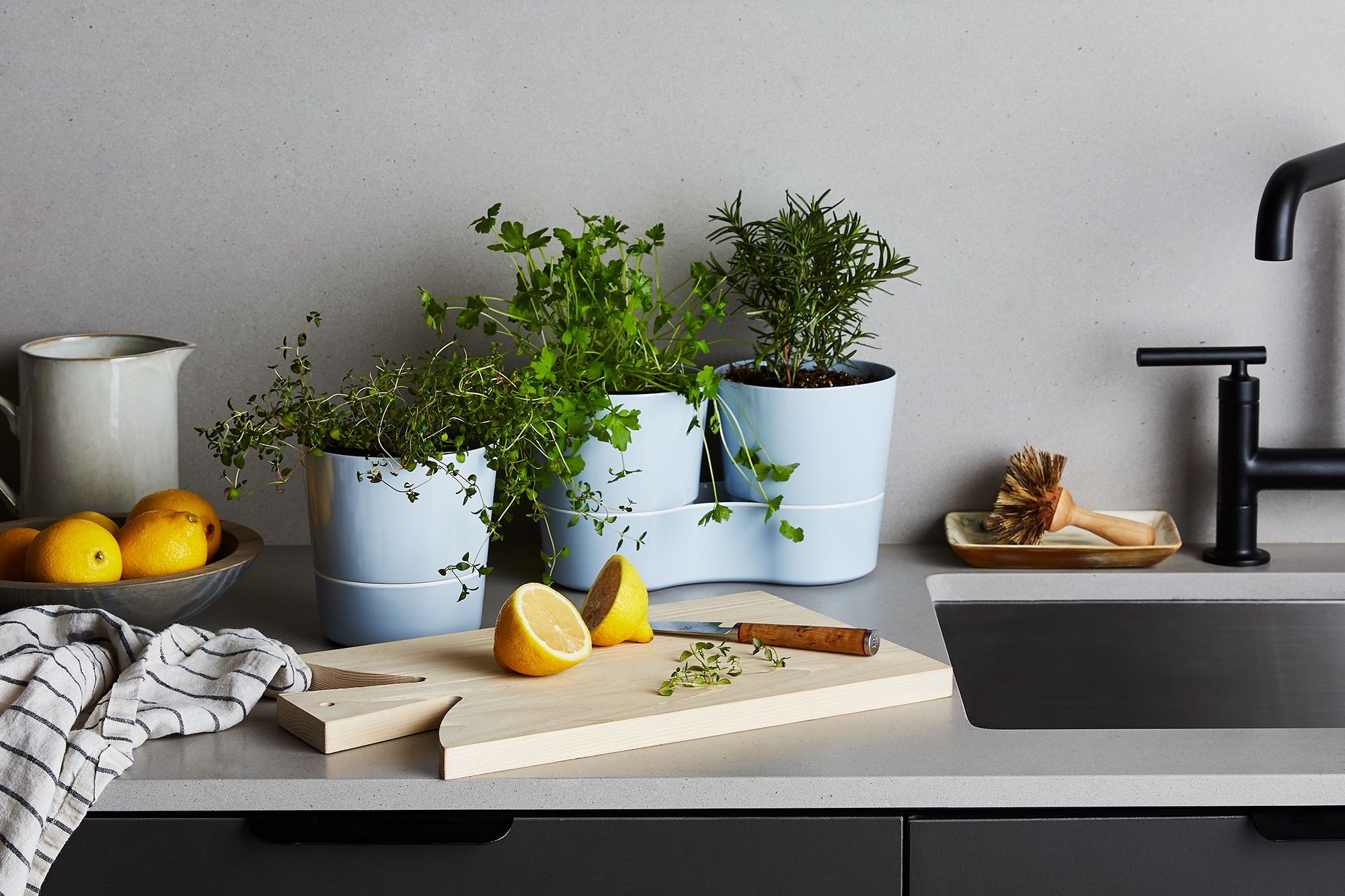 Minimalist kitchen countertop featuring light blue herb planters and a wooden board with fresh lemons.