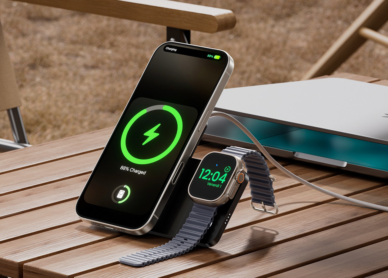 A Kuxiu power bank unfolding into a multi-device wireless charging station.