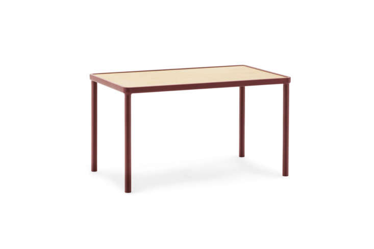Normann Copenhagen Case Table in a dark red color with a tray-style surface.