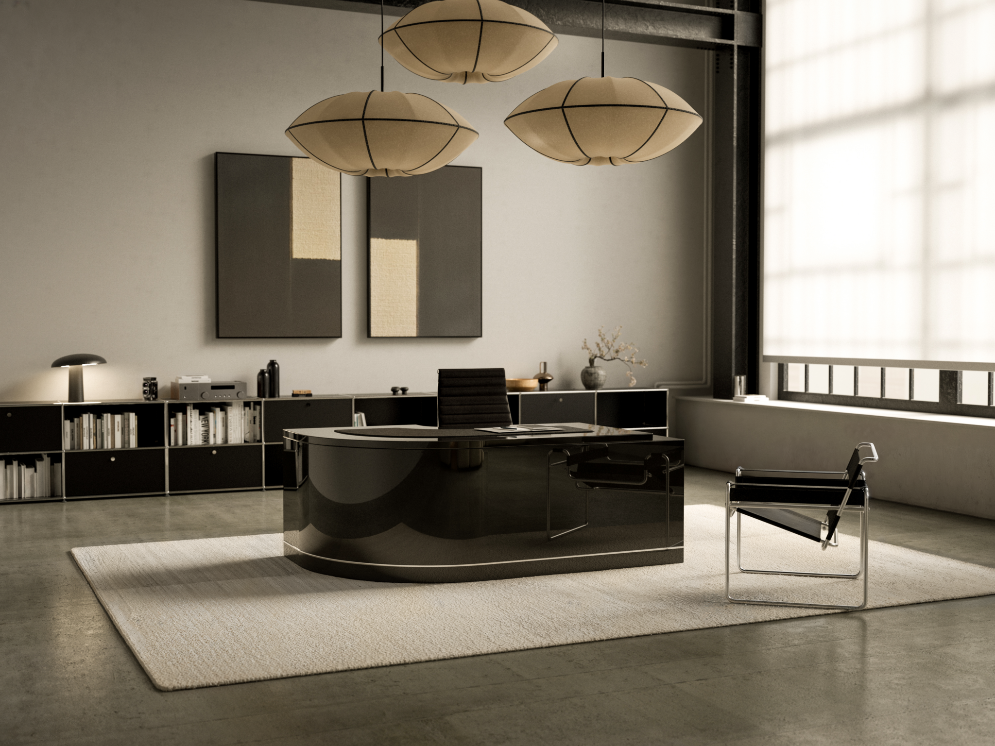 Modern office interior featuring a glossy black curved desk and a Bauhaus chair.