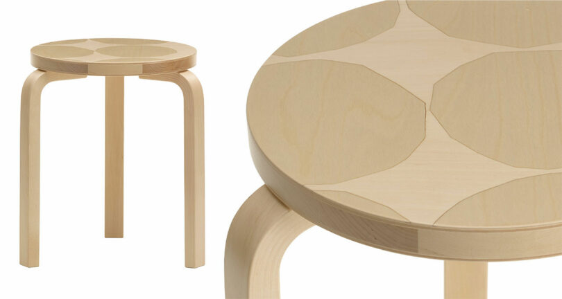 A close-up view of the Artek + Marimekko Stool 60 featuring the Kivet geometric wood marquetry pattern on the seat.