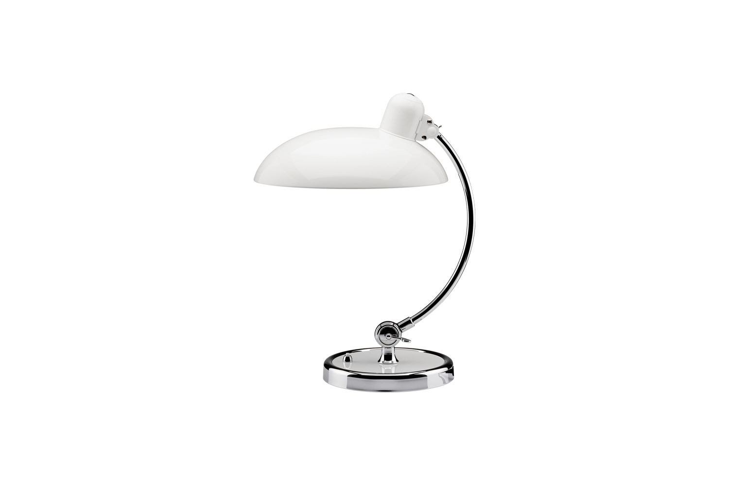 A white Fritz Hansen Kaiser Idell table lamp on a desk.