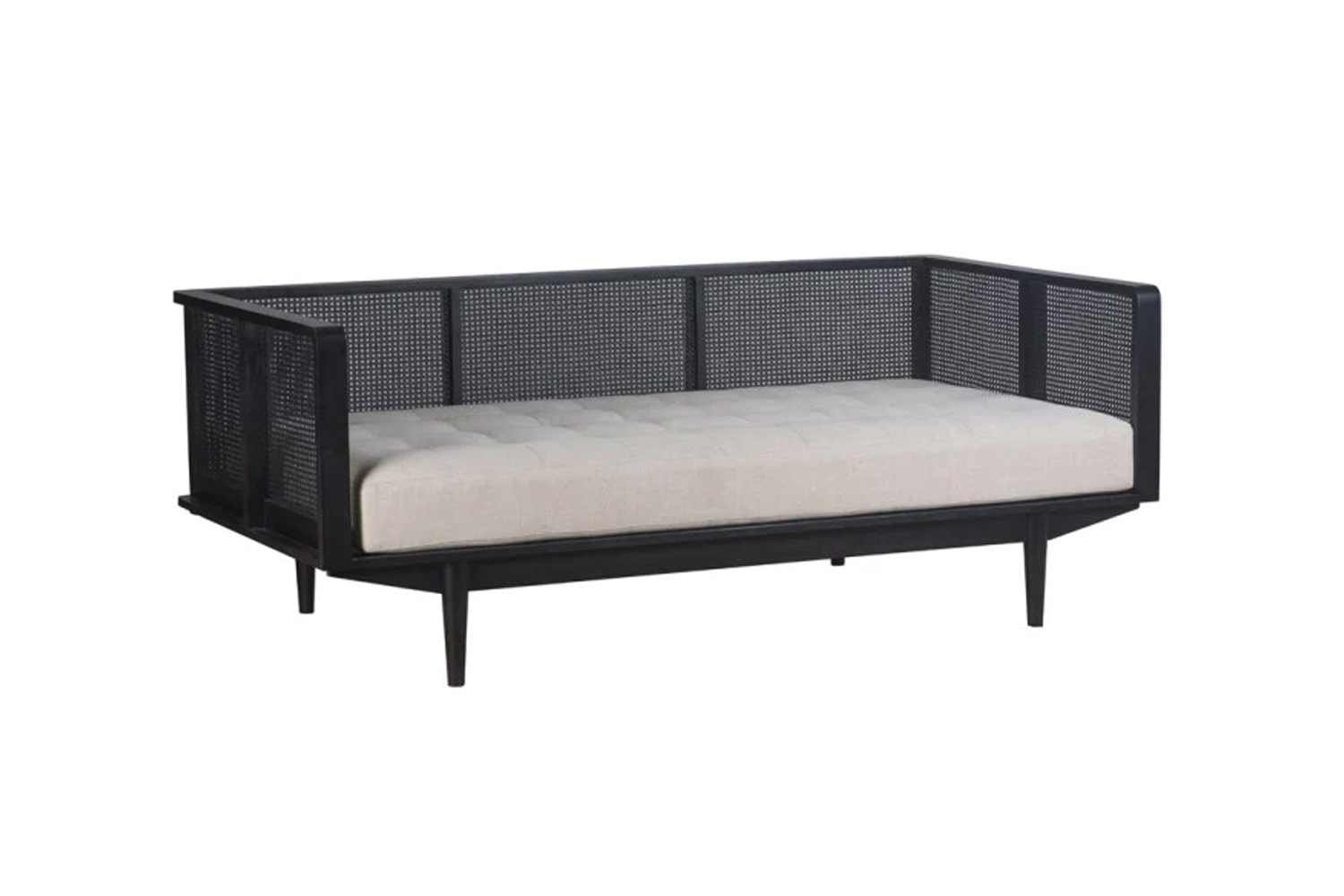 A vintage sofa sourced from Goodwill and reupholstered in high-quality linen.