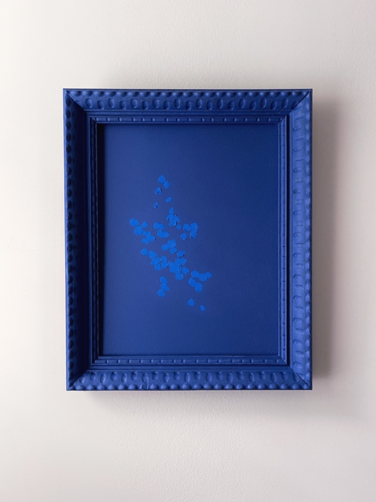 A Carolyn Misterek painting displayed in a substantial, thick monochromatic frame.