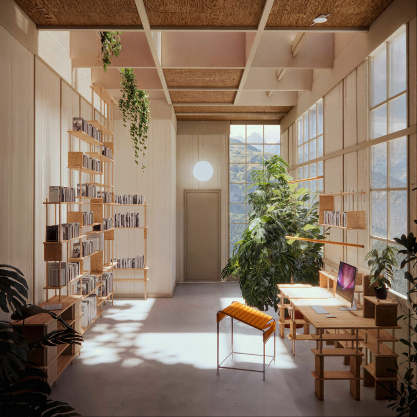 Airy Scandinavian office with wooden furniture, mountain views through a large window, and indoor plants.
