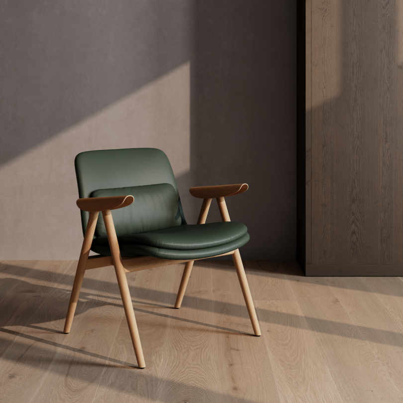 A green Hout chair with distinctive light wood A-frame legs and integrated armrests.