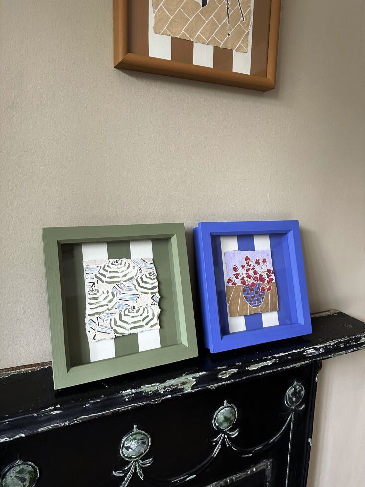 Small hand-painted frames with matching striped mats featuring petite paintings.