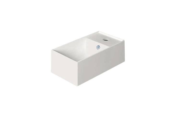 A deep rectangular wall-mount basin made of white ceramic.
