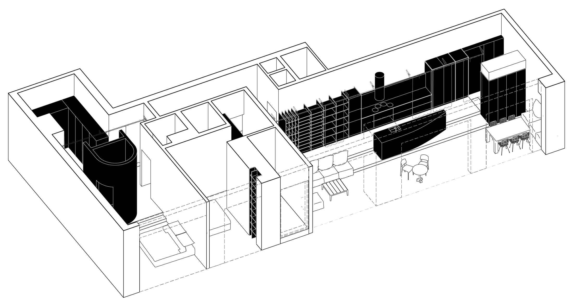 Axonometric floor plan drawing of the Al Barari apartment showing raised platforms and zoning.