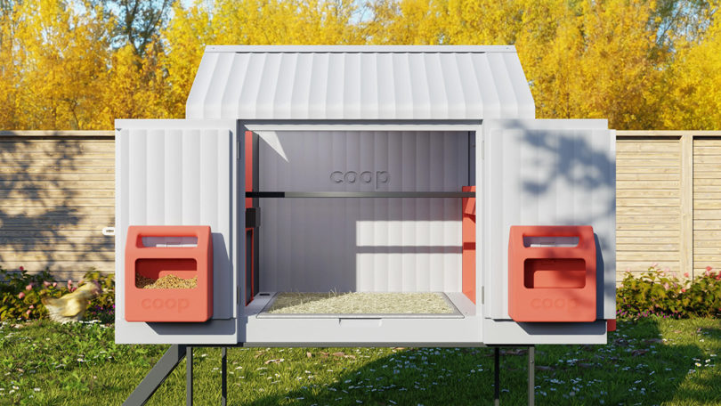 The COOP with side doors wide open to show the easy-access interior for cleaning and egg collection.