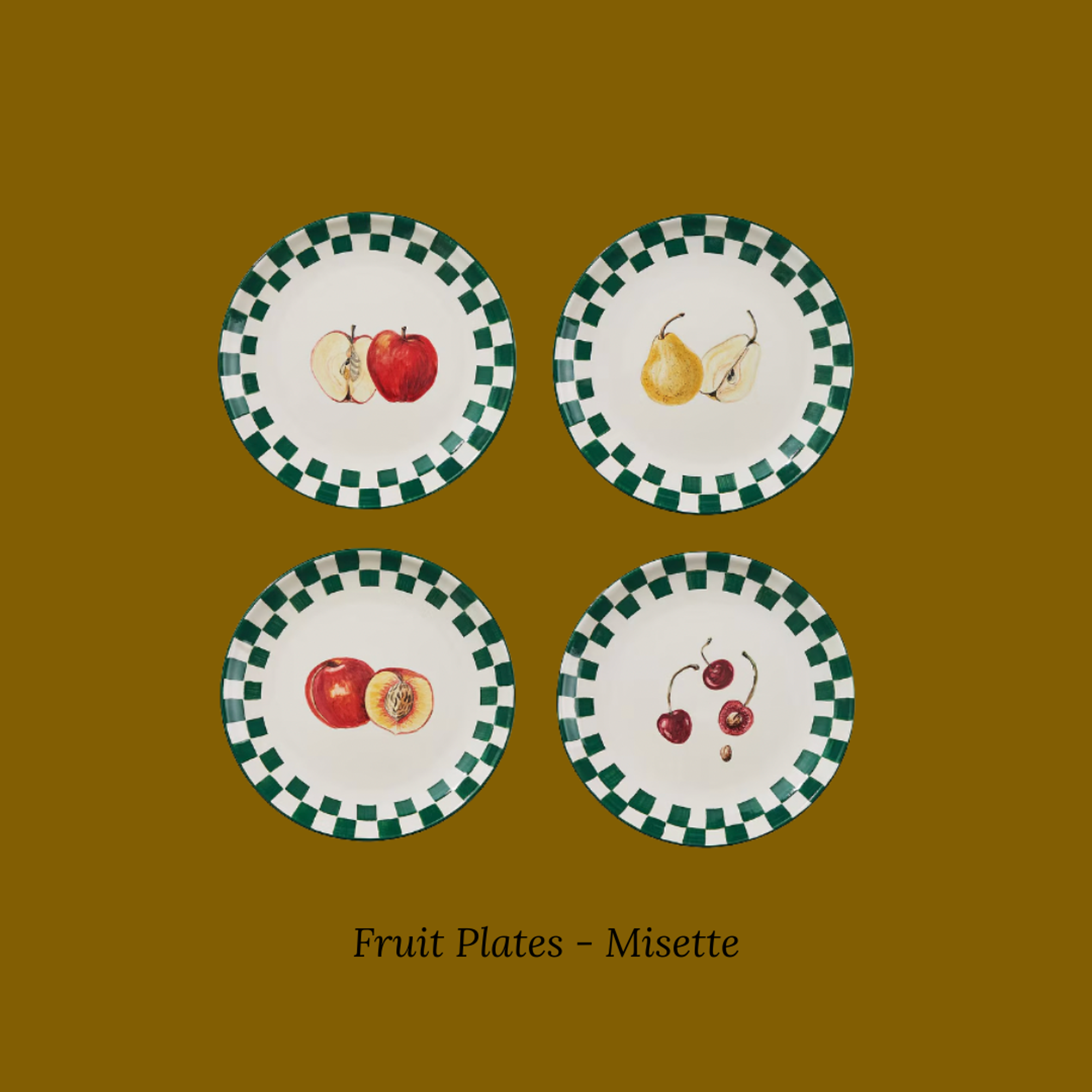 Small plates featuring colorful fruit illustrations and vibrant glazes.