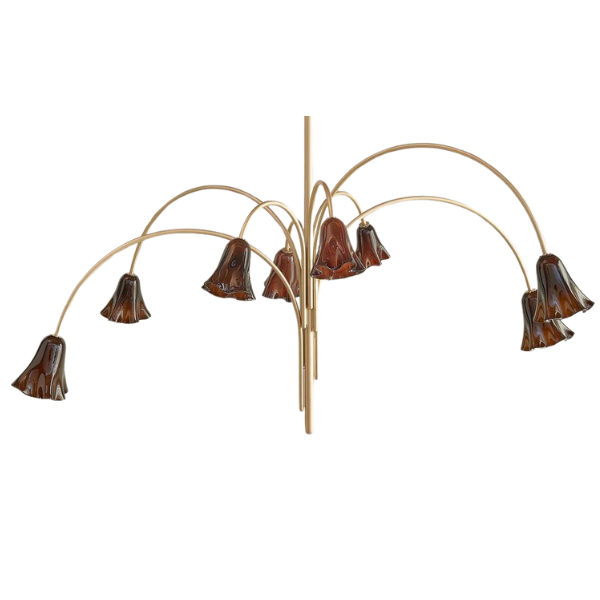 A 12-light Sputnik style chandelier with adjustable arms in a black and gold finish.