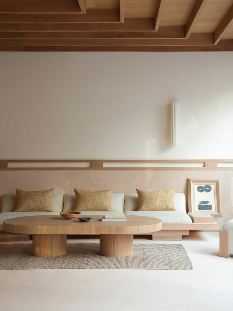 A minimalist living room with a cream sofa, mustard pillows, and a eucalyptus wood coffee table.