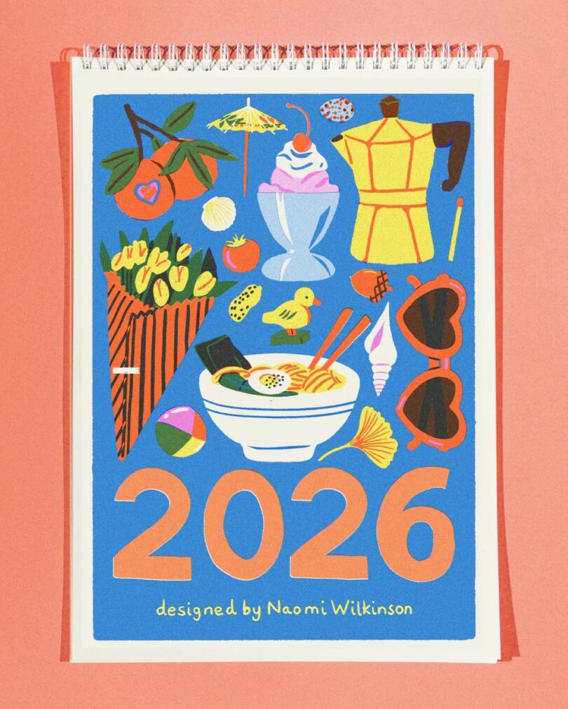 A vibrant 2026 calendar cover featuring illustrated items like sunglasses, food, and accessories.