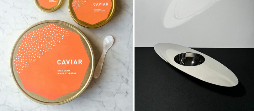 California white sturgeon caviar in a tin on a marble surface next to a reflective modern dish.