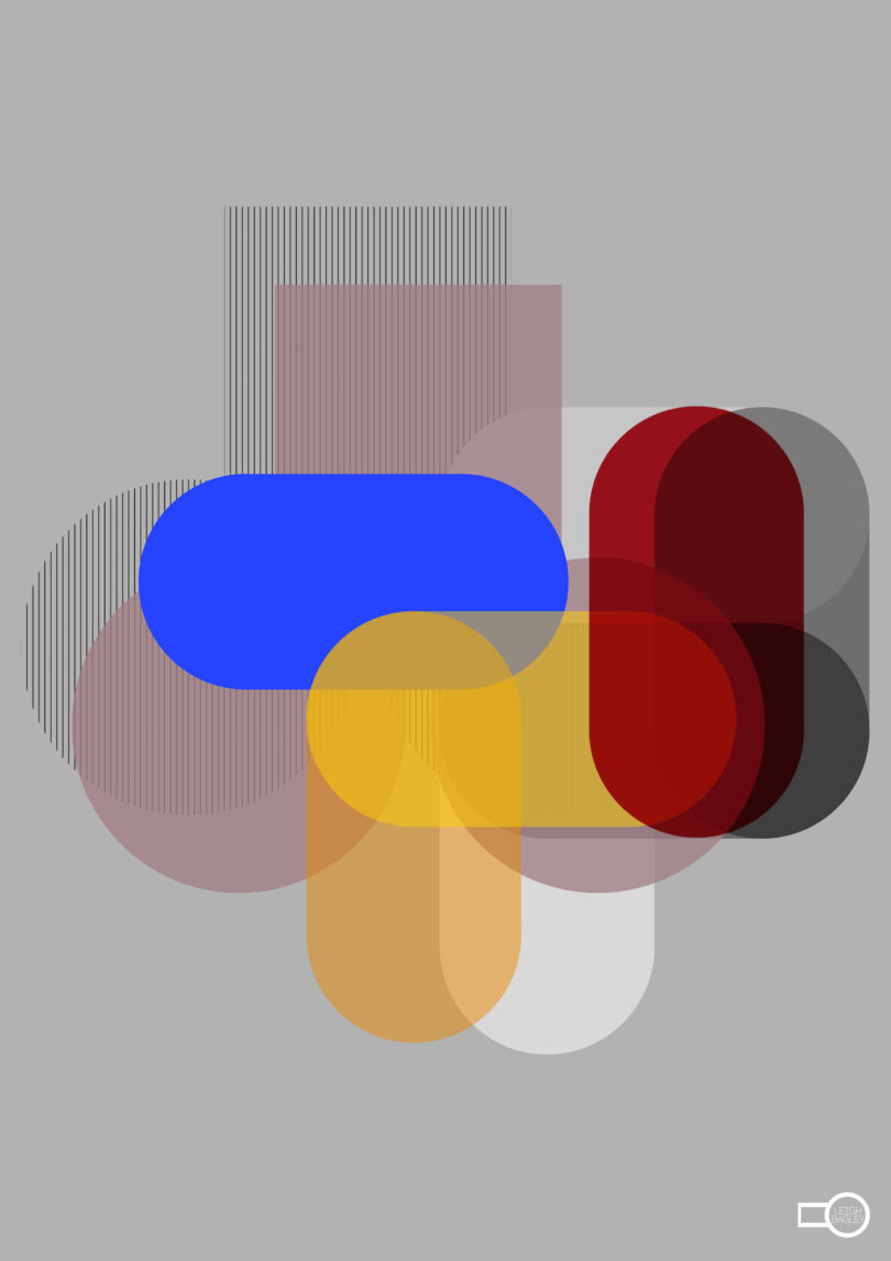 Abstract composition with overlapping translucent shapes in primary and neutral colors.