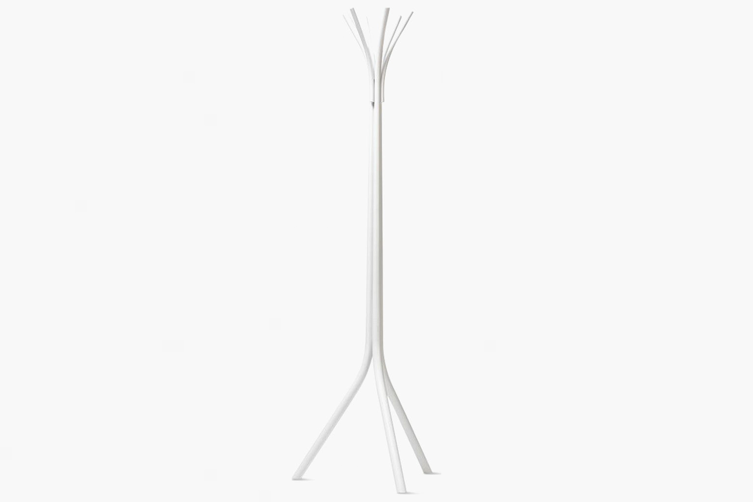 A white minimalist coat stand with a sturdy tripod base and branching hooks.