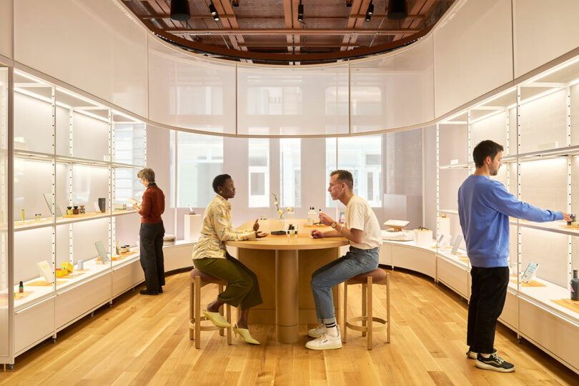 People interacting in the modern, well-lit retail and reception area of the meditation hub.