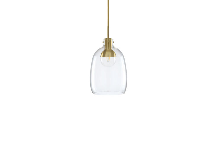 The Article Jarre Pendant Lamp featuring clear glass and brass hardware.