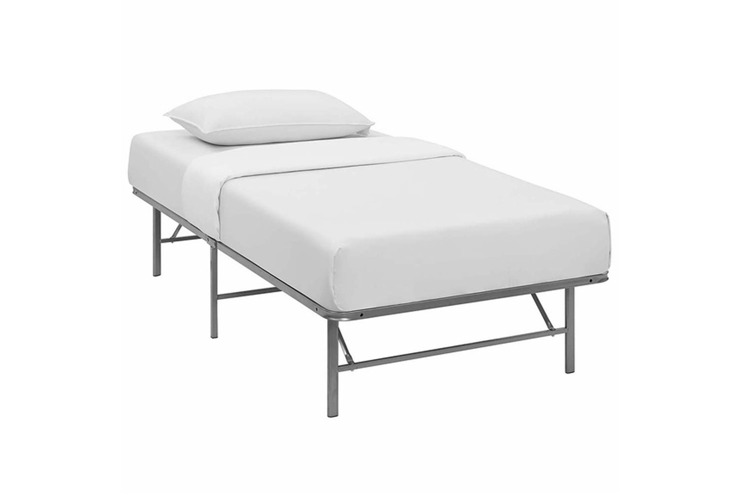 A minimalist stainless steel twin bed frame with a clean, industrial design.