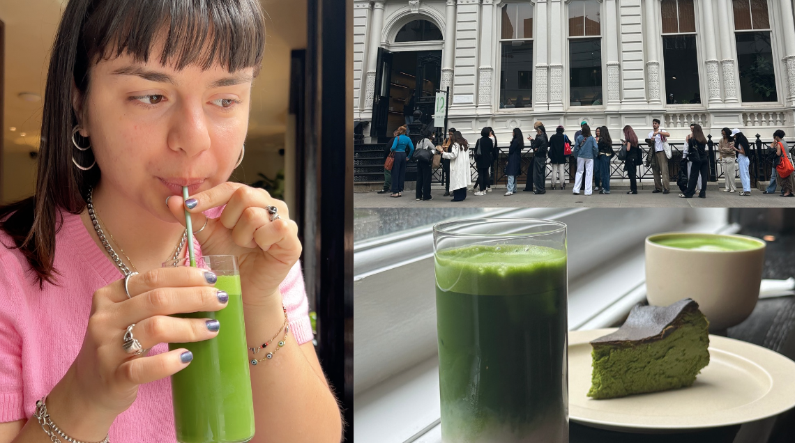 A crowd of stylish patrons inside the modern, two-story 12 Matcha cafe.
