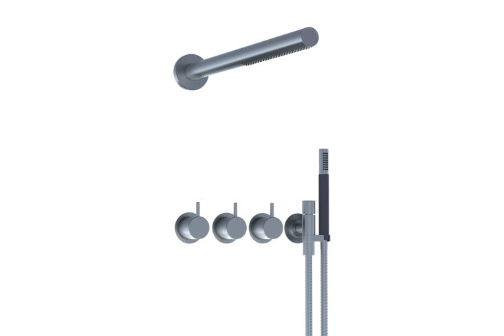 A matte gray concealed shower system with wall-mounted controls and a handheld spray.